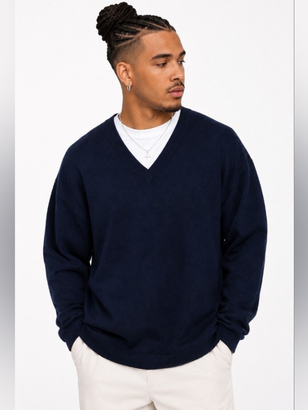 Untuckit Men's Sweater V-Neck Preppy Navy Blue Marino Knit Wool